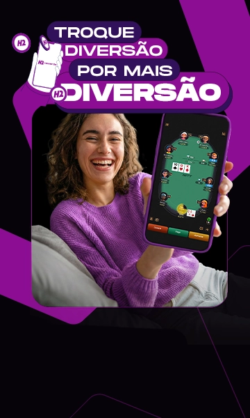Jogadora sorrindo segurando um celular com a plataforma h2rewards e o texto em destaque: Troque diversão por mais diversão